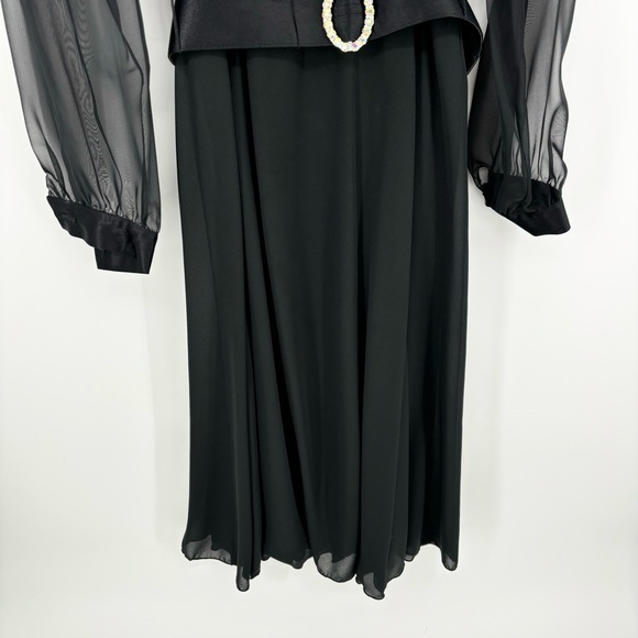 Vintage 80s Ursula Of Switzerland Black Midi Dress Size 8 Rhinestone Belt Sheer - Picture 3 of 11
